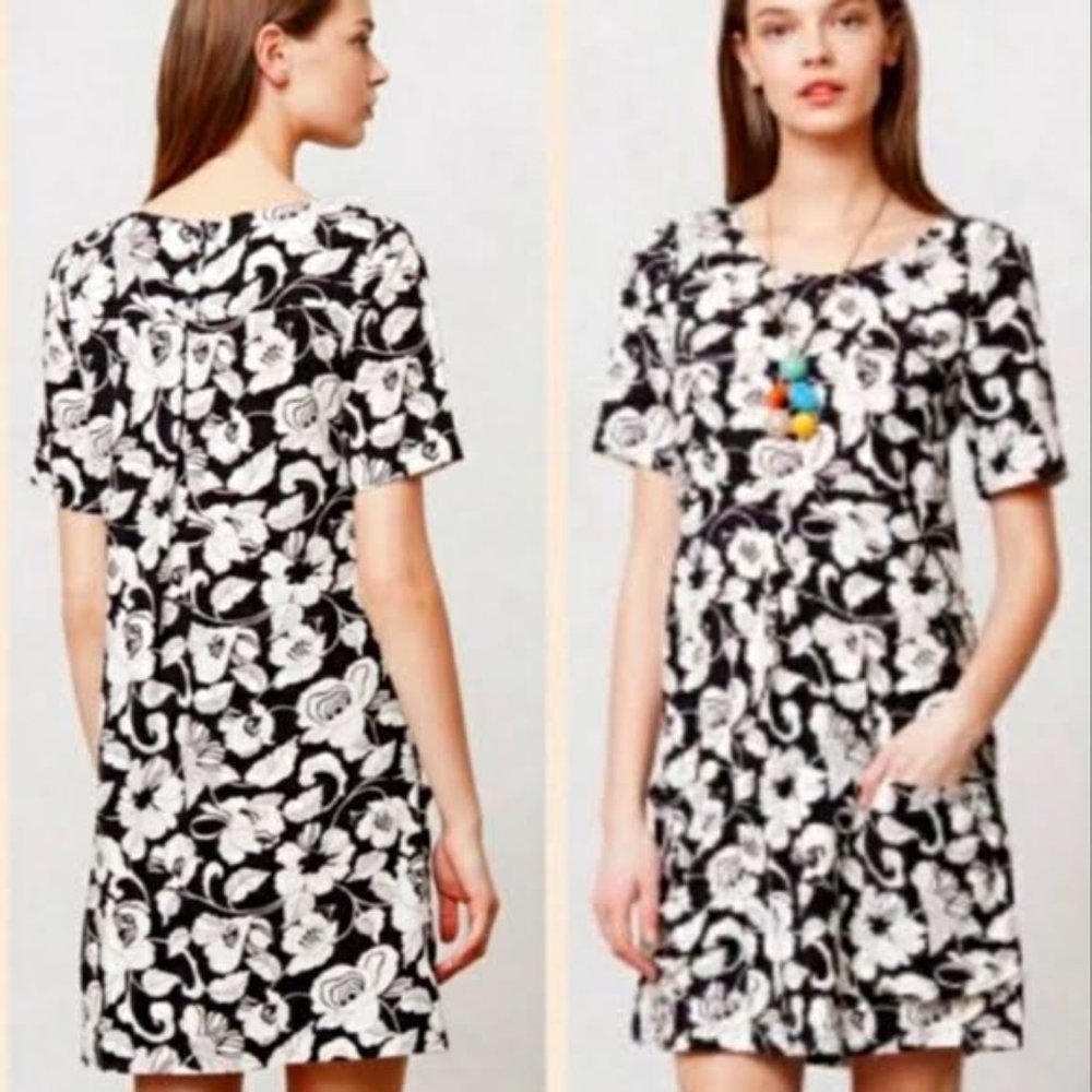 Anthropologie Maeve Black & White Floral Shift Dress Size 8 - Picture 1 of 10